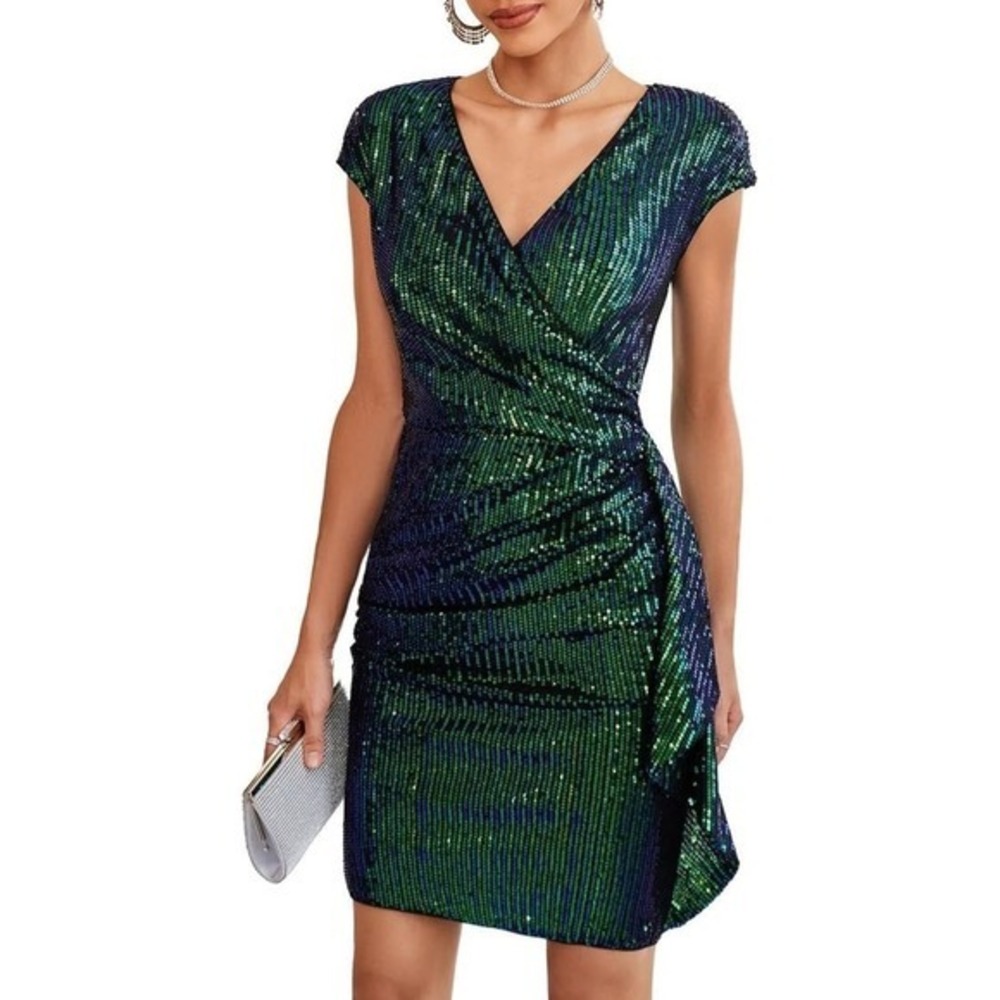 GRACE KARIN XL Women Sparkly Sequin Wrap Dress Short Sleeve Ruched Emerald Green